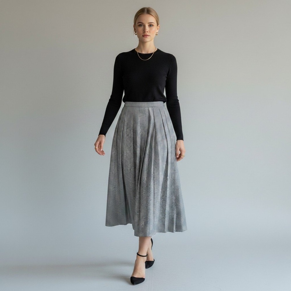 Talbots Petites Black White Houndstooth Pleated Midi Skirt 100% Worsted Wool 4P